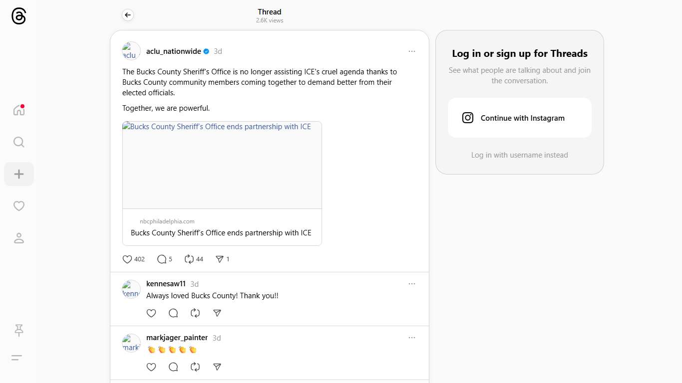 The Bucks County Sheriff's Office is no longer assisting ICE's cruel agenda thanks to Bucks County community members coming together to demand better from their elected officials. Together, we are powerful.